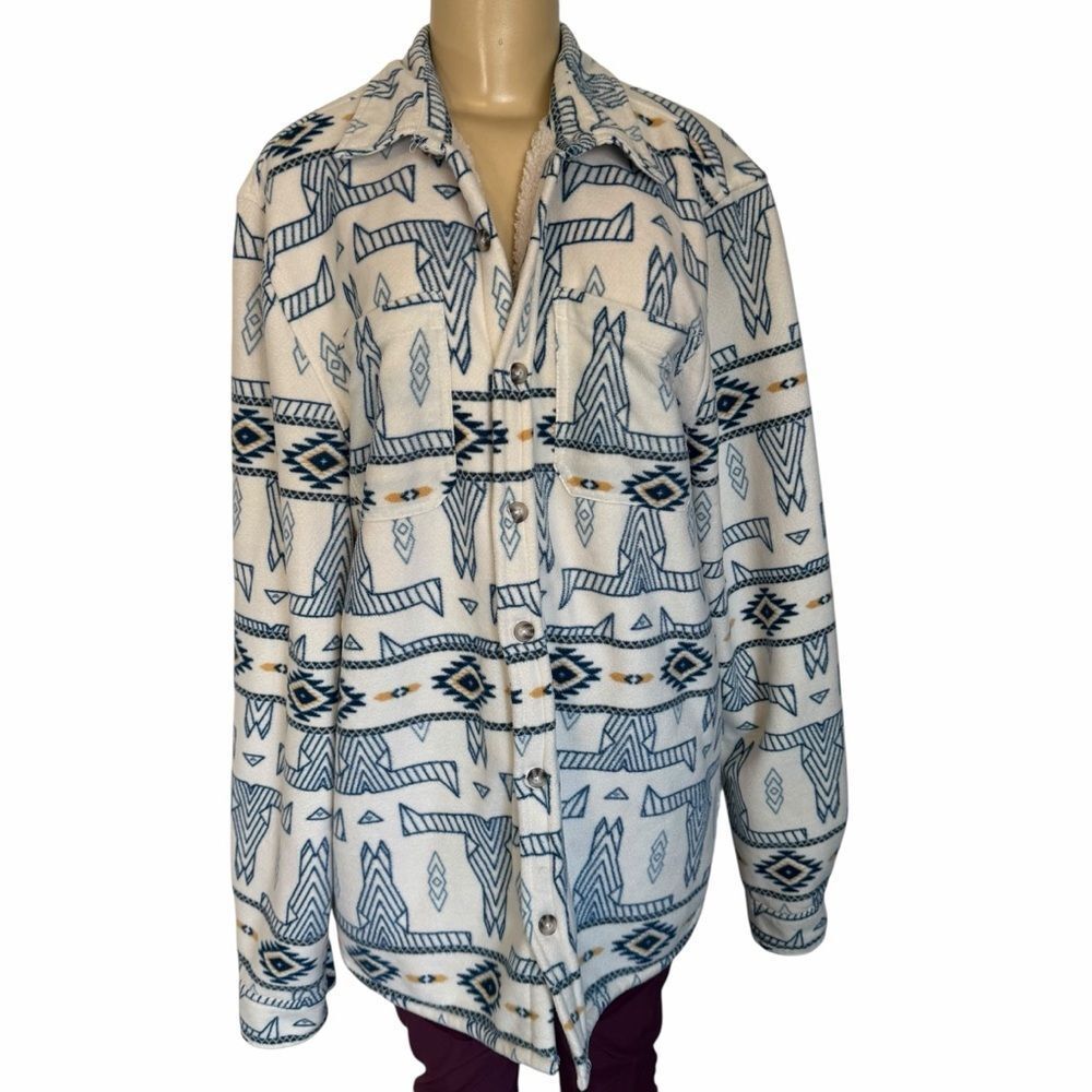 VSTR Sherpa Lined Button-Up Premium Shirt Jacket Aztec print large